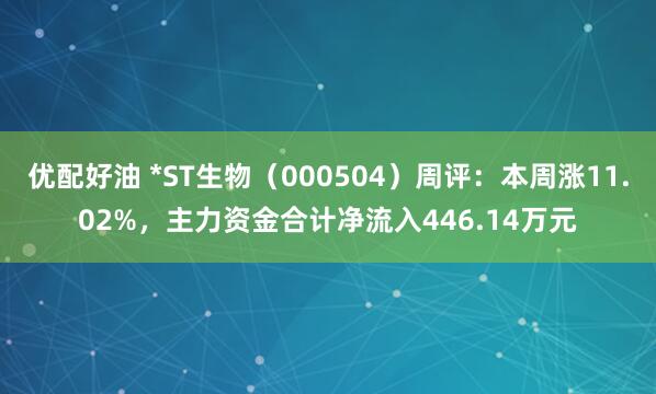 优配好油 *ST生物（000504）周评：本周涨11.02%，主力资金合计净流入446.14万元